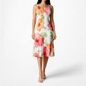 Vintage Floral Knit Silk Knee Length Flared Cocktail Sundress Dress Size S